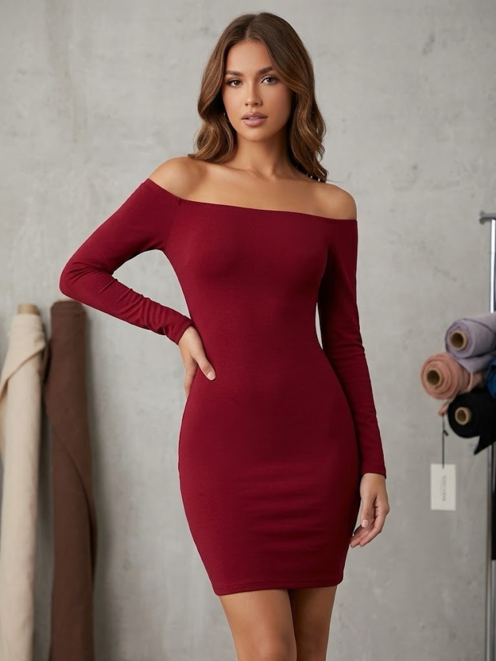 Express Off-Shoulder Long Sleeve Burgundy Bodycon Dress Mini Size XS Stretchy